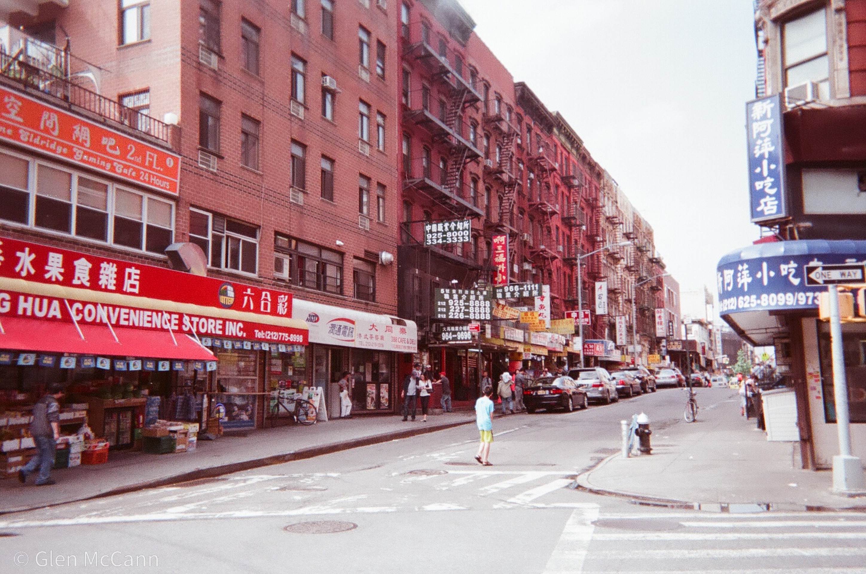 Photo on film of a street in New York City's Chinatown.