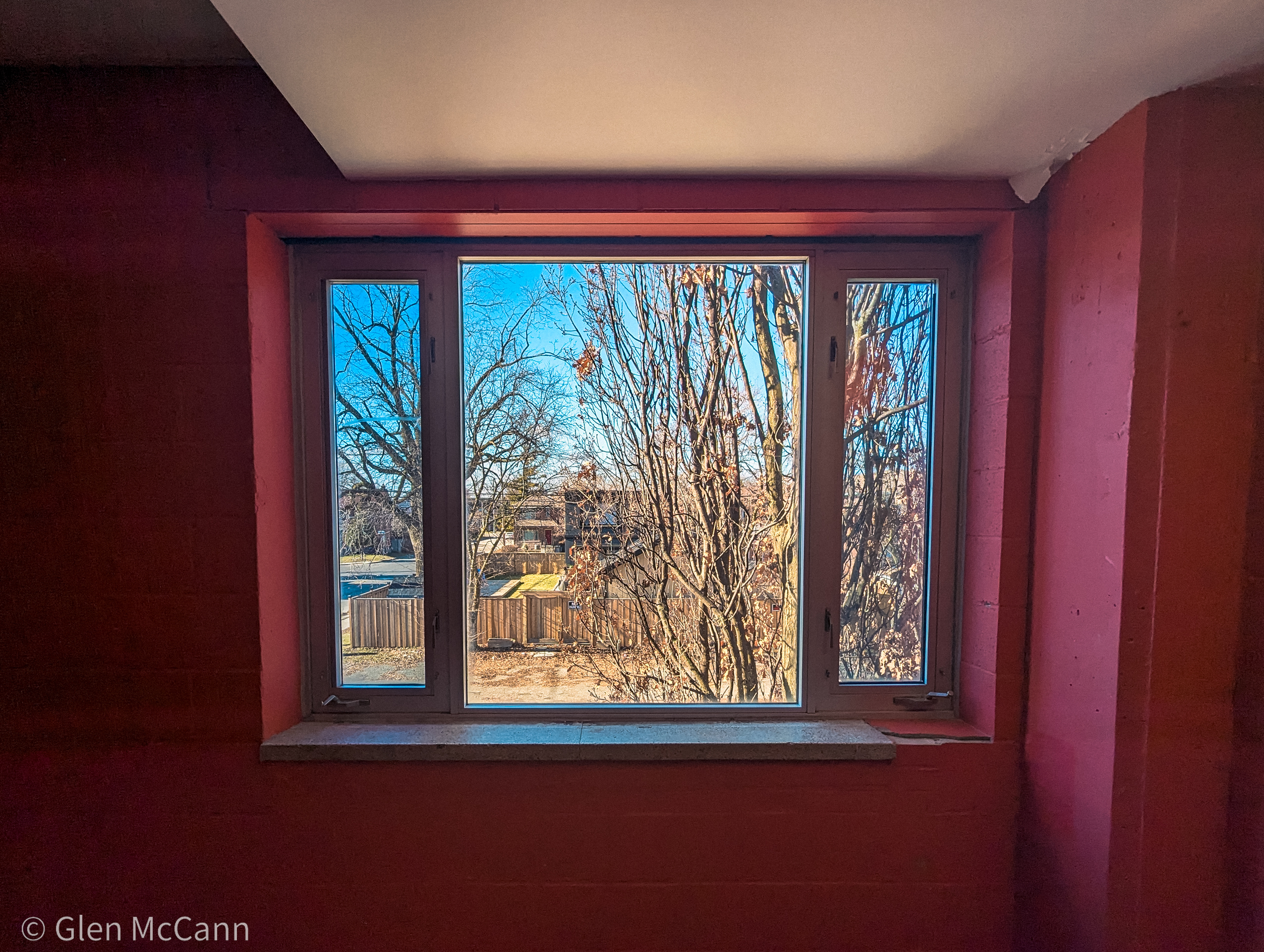 Interior photo of a window looking out to a bright spring day, surrounded by red walls.